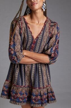 Anthropologie Embroidered 3/4 Length Puff Sleeves Tunic Dress Boho Size XS